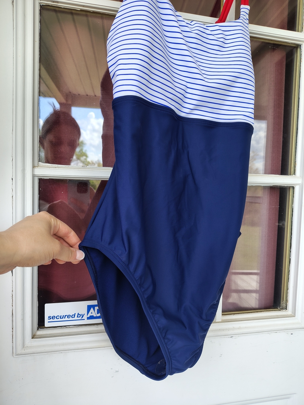 Women's SPEEDO Navy Stripe One-Piece Swimsuit with Red Straps - Picture 2 of 5